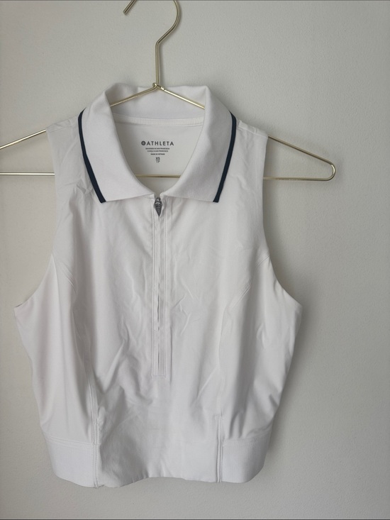 Athleta Tops - Athleta White Sleeveless Zip Polo with Navy Collar Trim